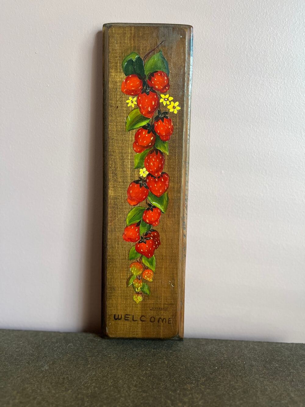 Vintage 80s Strawberry Wooden Sign Welcome Handpainted